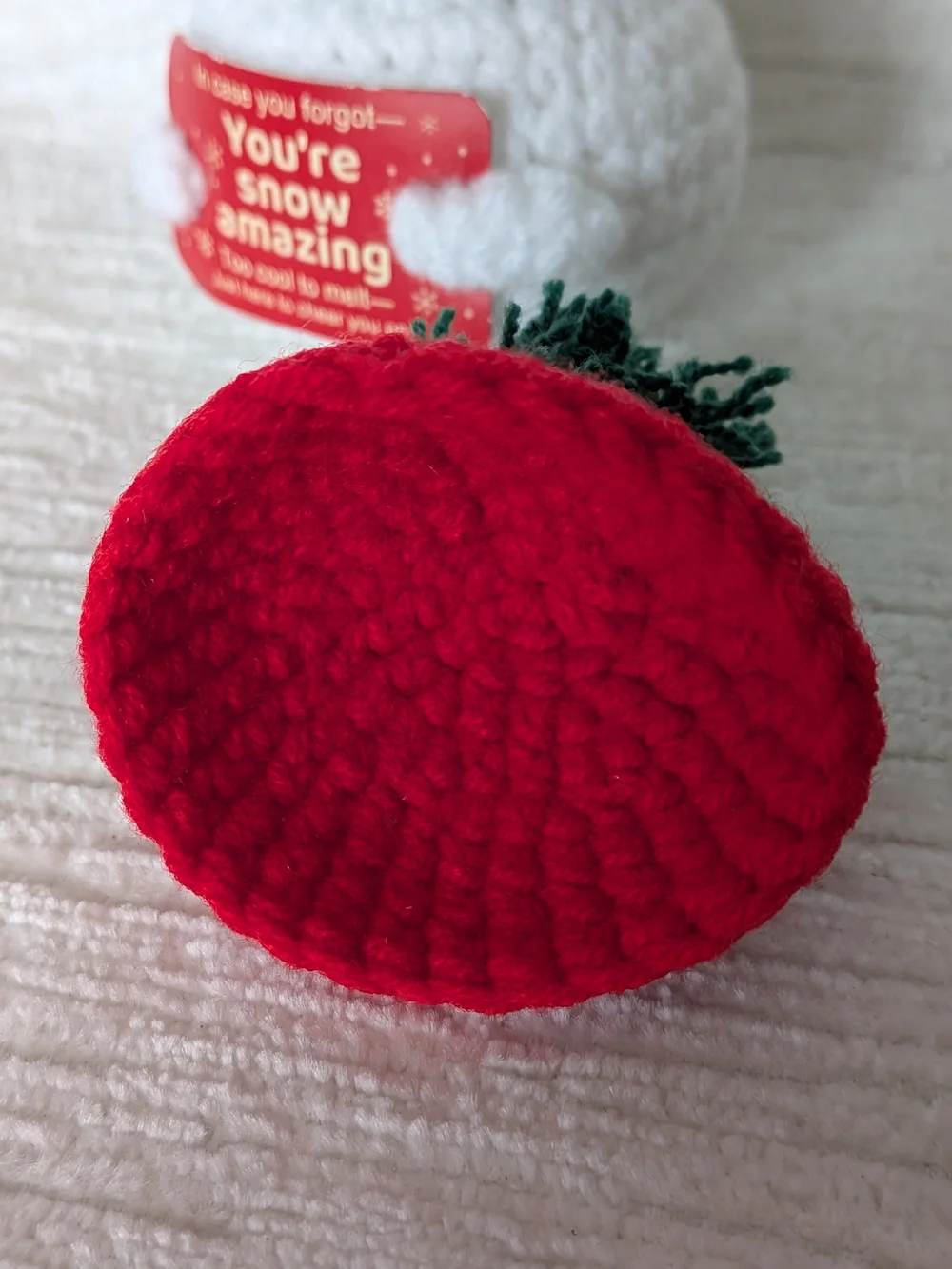 Crochet Snowman Plush with sign. removable Red Hat & Green Scarf